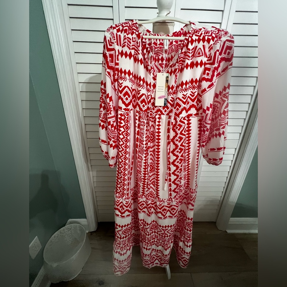 Red and White Geometric Print Macy Dress